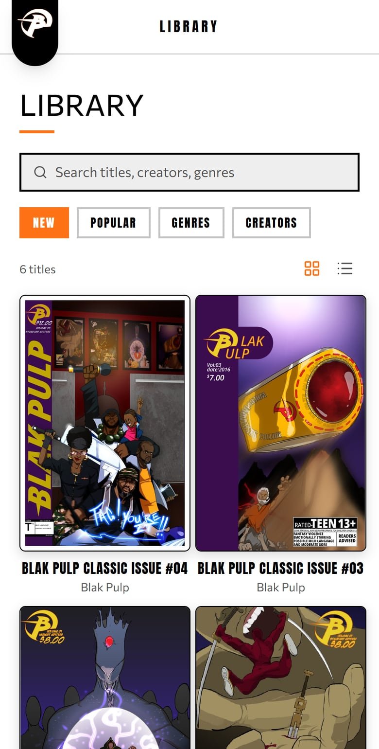 The B Pagez app: the Library grid of comics, with New, Popular, Genres and Creators filters