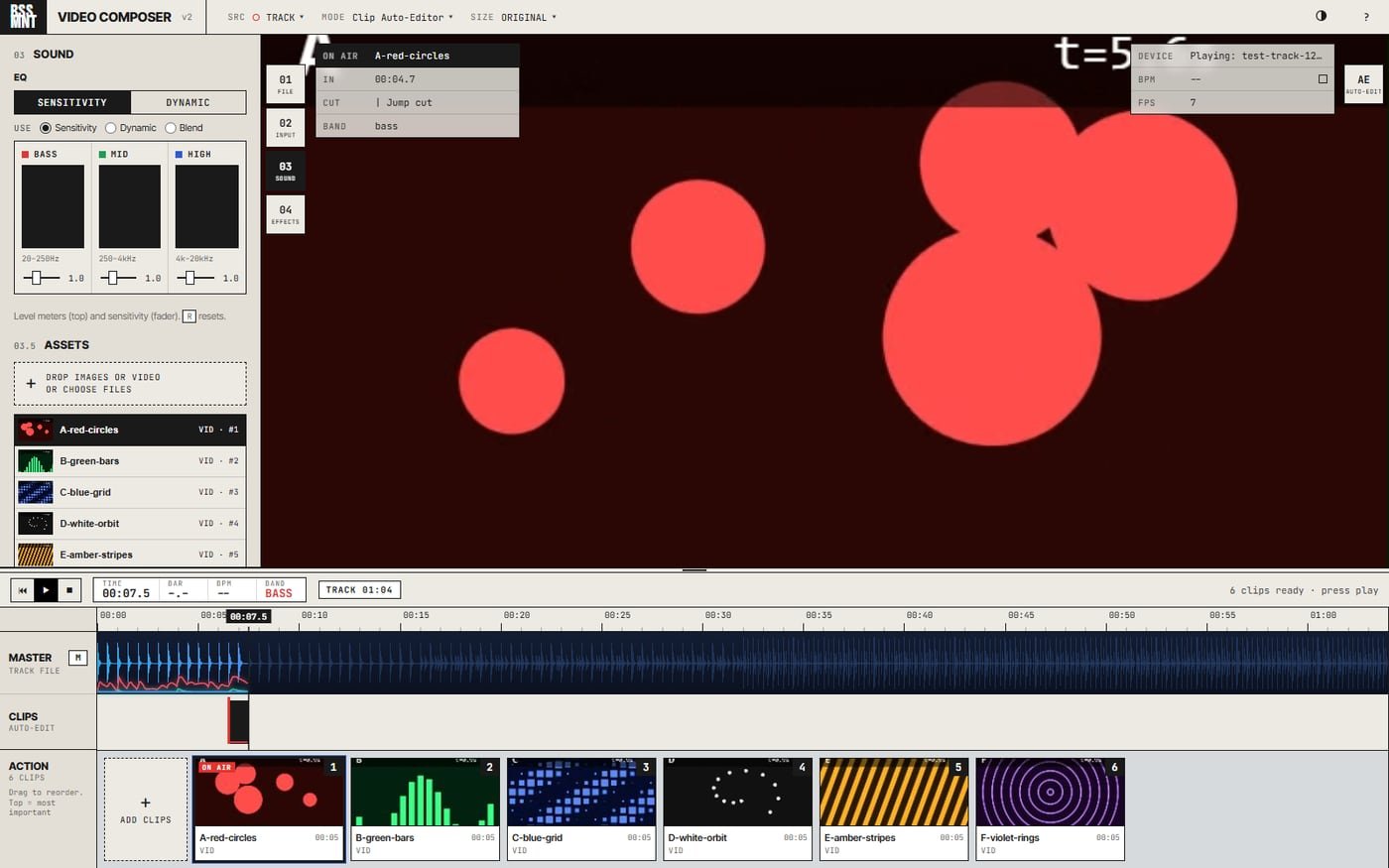 BSSMNT mid-edit: the Clip Auto-Editor cutting six clips to a track, with the timeline, sound panel and clip stack