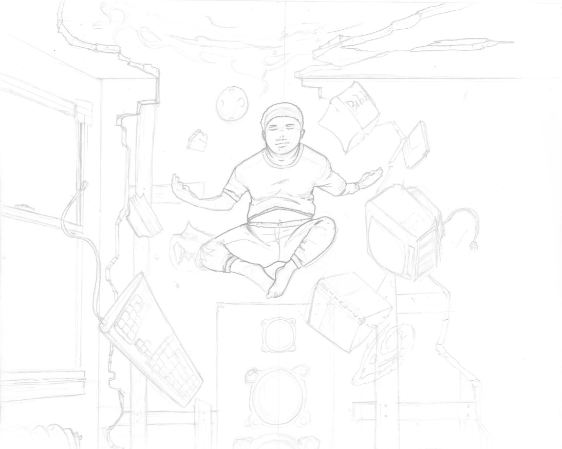 Pencil sketch, floating in a bedroom studio
